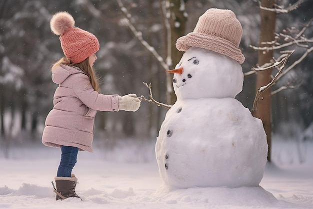 La ragazza gioca il grande parco del pupazzo di neve Sorriso felice Genera Ai