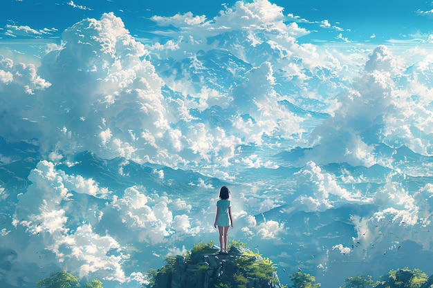 La ragazza guarda le nuvole dalla montagna in stile anime