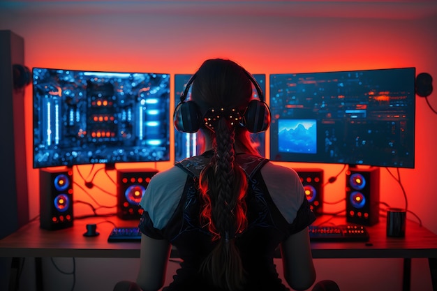La ragazza in cuffia riproduce un videogioco sul grande schermo TV Giocatore con un joystick Rete neurale generata dall'intelligenza artificiale