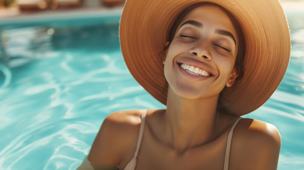 La ragazza in piscina con un cappello a bordo largo sorride sinceramente e gode del rilassamento del suo corpo