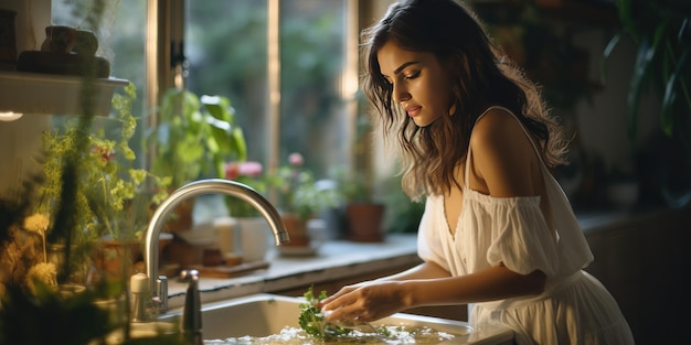 La ragazza lava i piatti in cucina pulizia Foto di alta qualità AI generativa