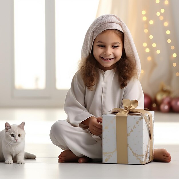 La ragazza musulmana sorride sul sedile del pavimento della scatola regalo e sullo sfondo della stanza del gatto carino