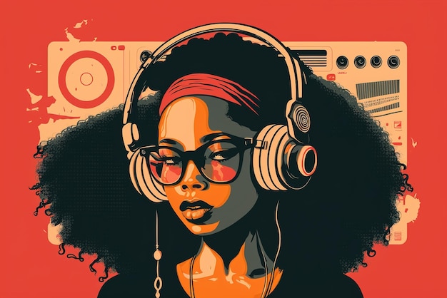 La ragazza nera ascolta la musica hip-hop Ritratto di giovane donna immaginaria illustrazione AI generativa