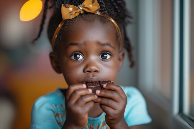 La ragazza nera si gode il cioccolato da vicino