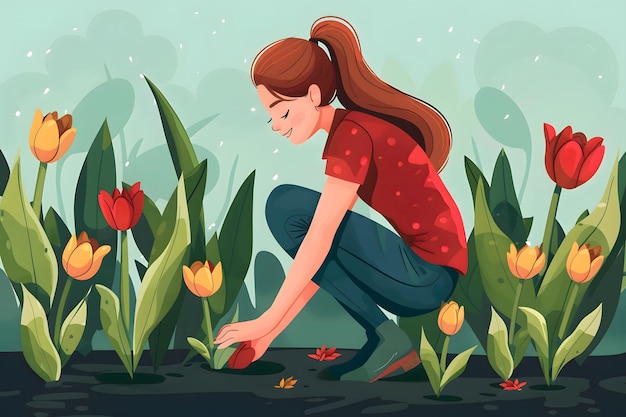 La ragazza pianta i tulipani in stile piatto Giardino I tulipani fioriscono
