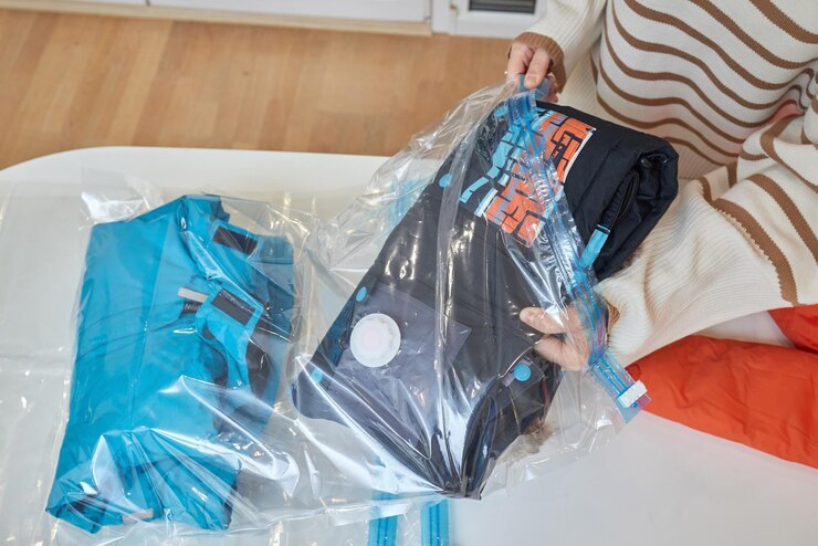 La ragazza pompa l'aria con un aspirapolvere da un sacchetto per aspirapolvere con i vestiti Il concetto di conservazione e trasporto di oggetti di abbigliamento Borsa con sigillo salvaspazio