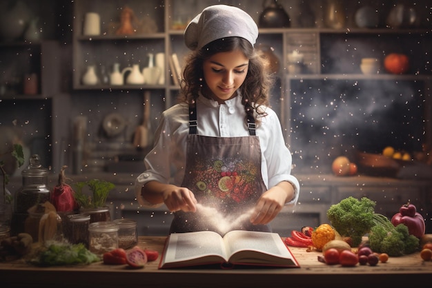 La ragazza prepara il cibo in cucina.