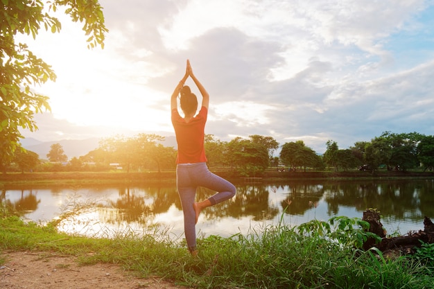 La ragazza prova all&#39;albero posa l&#39;yoga.