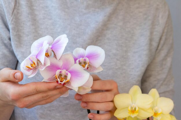La ragazza si prende cura delle orchidee phalaenopsis Piante da appartamento hobby fiore crescente stile di vita