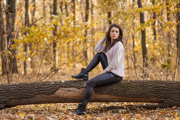 La ragazza si sedette su un ceppo tra la foresta autunnale gialla con foglie