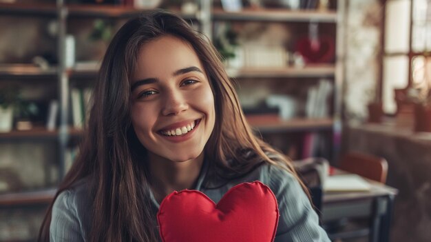 La ragazza si siede sul letto alla luce del sole e guarda la telecamera e sorride da vicino