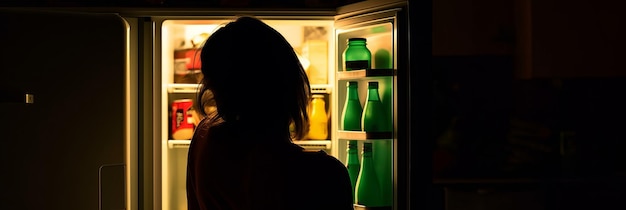 La ragazza si trova davanti alla porta aperta del frigorifero Generative AI