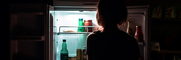 La ragazza si trova davanti alla porta aperta del frigorifero Generative AI