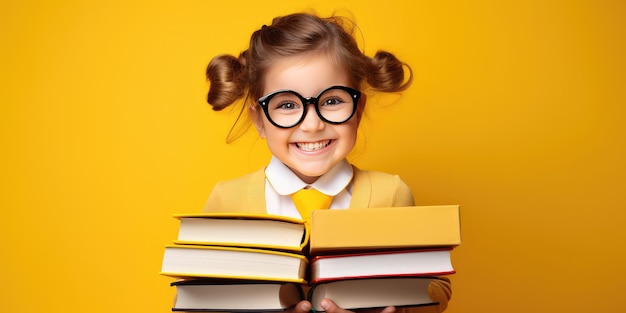 la ragazza sorridente divertente della scuola del bambino con gli occhiali tiene i libri