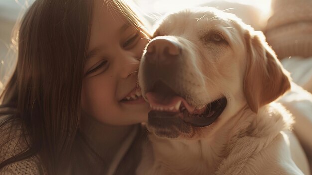 La ragazza sorridente si diverte a legarsi con il suo gioioso cane labrador a casa amante dei cani