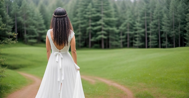 La ragazza sta con le spalle sullo sfondo di una foresta verde AI generativa