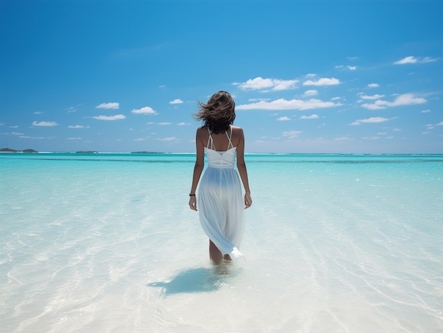 La ragazza sta nell'acqua sullo sfondo dell'oceano azzurro. IA generativa