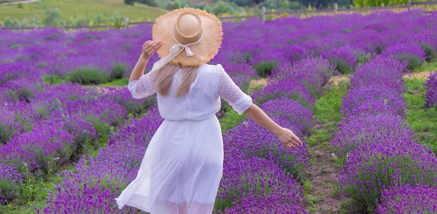 La ragazza sta riposando nel campo di lavanda