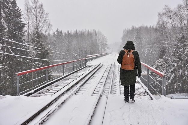 La ragazza sta sulla ferrovia nella neve