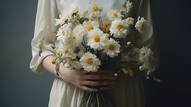 La ragazza sta tenendo un braccio pieno di fiori bianchi generativa AI