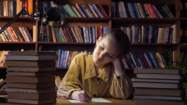 La ragazza stanca scrive il compito a casa sul foglio di carta dai libri