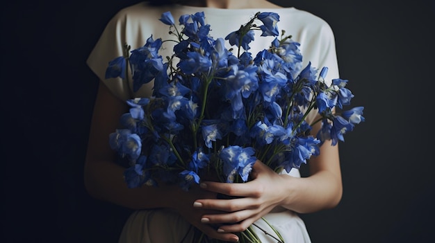 La ragazza tiene in mano un braccio pieno di fiori blu generativa AI