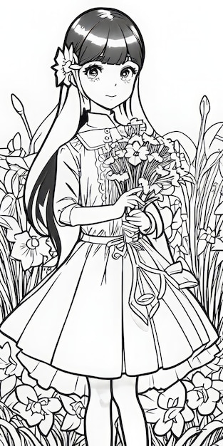 La ragazza tiene in mano un fiore Disegno di contorno cartoon anime line art black amp Sfondo bianco