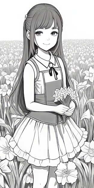 La ragazza tiene in mano un fiore Disegno di contorno cartoon anime line art black amp Sfondo bianco