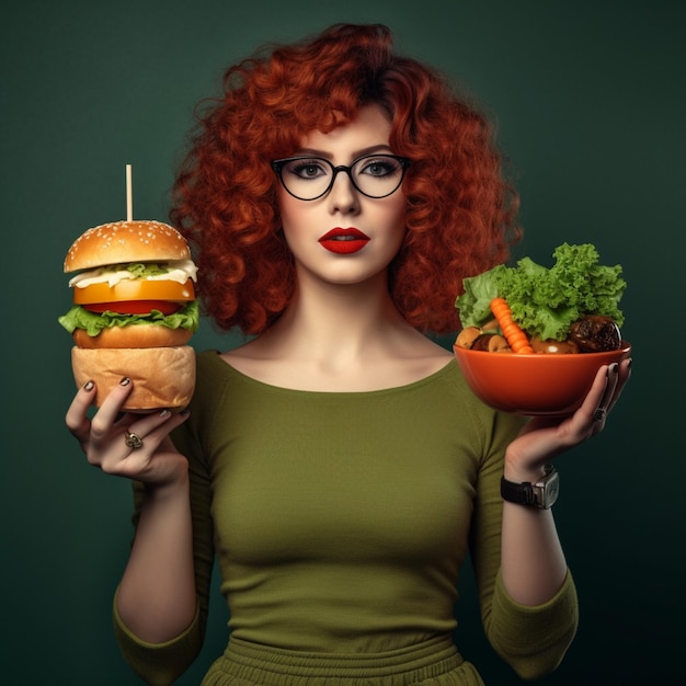 La ragazza tiene in mano un hamburger e delle verdure