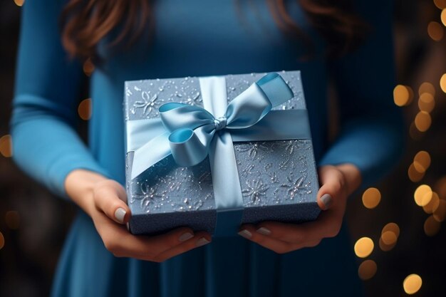 La ragazza tiene in mano una scatola da regalo blu