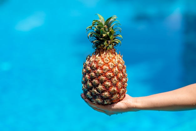 La ragazza tiene la frutta matura dell'ananas su un fondo di uno stagno con acqua blu. Vacanze di lusso ai tropici