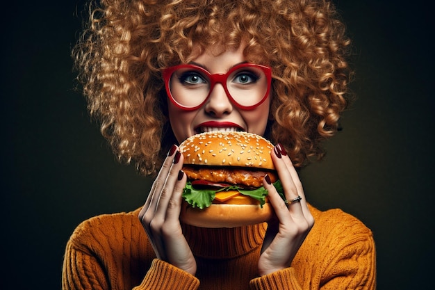 La ragazza tiene un cheeseburger succoso