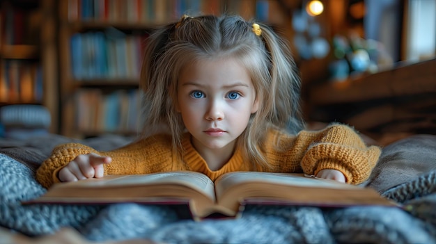 La ragazzina legge un libro interessante a letto.