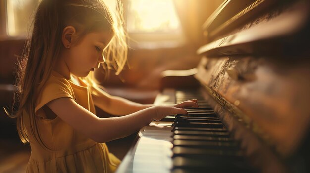 La ragazzina suona il pianoforte a casa la calda luce del sole splende attraverso la finestra creando una scena bellissima e pacifica