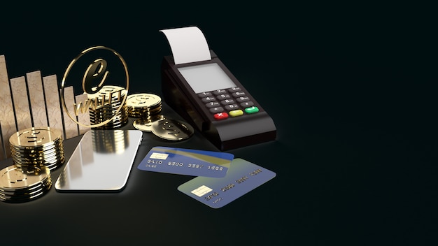 La rappresentazione mobile del portafoglio e delle monete di oro di simbolo e 3d per il concetto di affari di e.
