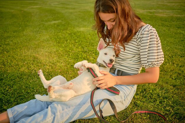 La razza del cane pastore russell terrier sta giocando nel parco verde con il suo proprietario ora legale o all'inizio