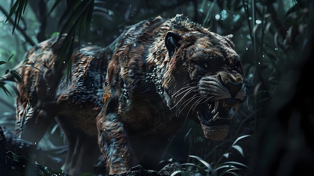 La realistica tigre che cammina attraverso la fitta giungla tropicale