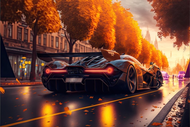 La realtà della futura hypercar sfreccia attraverso la città sullo sfondo della sera d'autunno