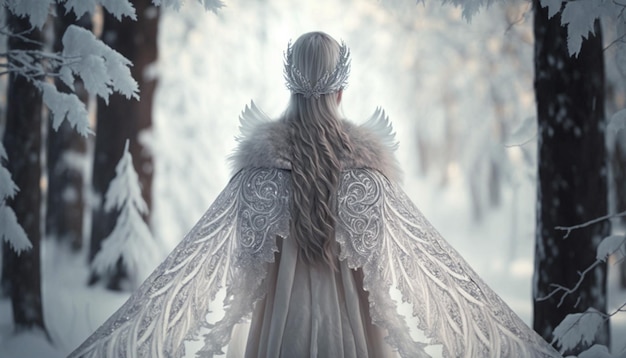 La regina delle nevi negli alberi della foresta invernale nella brina un bellissimo vestito bianco