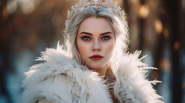 La Regina delle Nevi sullo sfondo di un ritratto fantastico di un paesaggio invernale