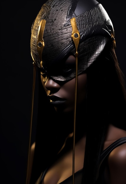 La regina guerriera afro con la maschera dorata, i costumi dei guerrieri, la bella modella dalla pelle scura, il costume fantasy.