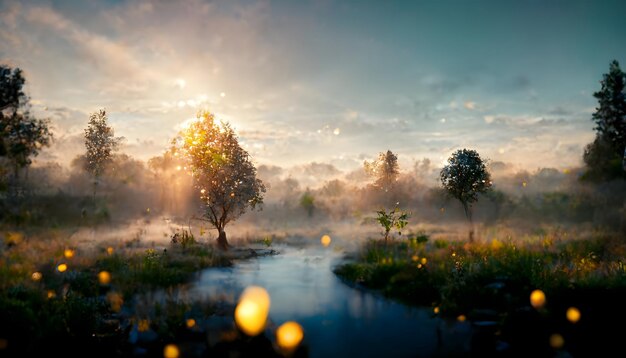 La rete neurale del paesaggio mattutino del fiume selvaggio di estate da sogno ha generato l'arte