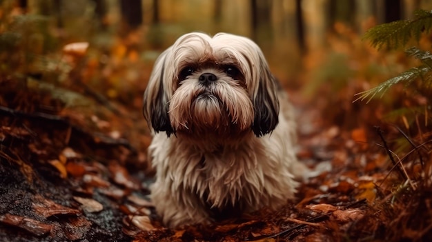 La ricreazione fangosa dell'autunno Shih Tzu scherza nella foresta abbracciando il fascino disordinato della stagione