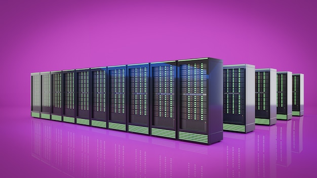 La riga del contenitore di rack del server di hosting con sfondo viola. 3D render illustrazione immagine.