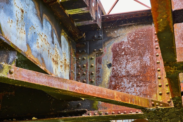 La ringhiera posteriore di un vecchio ponte ferroviario di metallo arrugginito e corrosivo con colori di fuoriuscita di petrolio