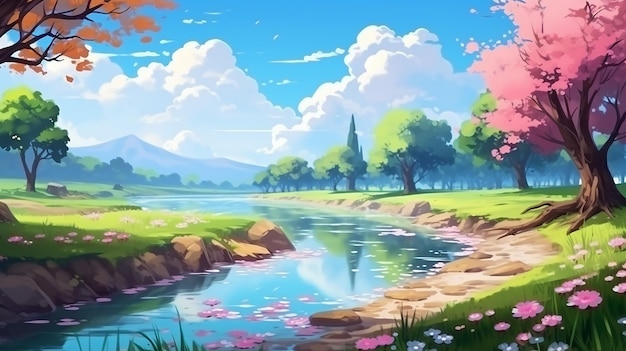 la riva del fiume con alberi di fiori e design di videogiochi con cielo blu chiaro