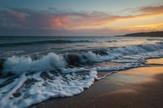 la riva del mare all'alba con le onde che battono dolcemente la riva