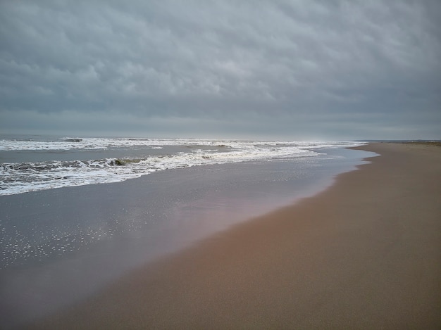 La riva del mare con il mare agitato e il cielo nuvoloso. Paesaggio con contrasto e colori unici