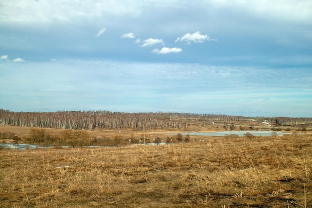 La riva di un piccolo fiume all'inizio della primavera