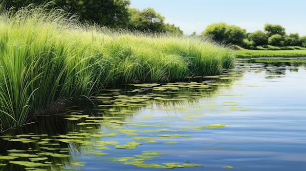 La riva erbosa del fiume e il riflesso